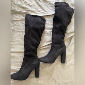 Black suede high heel boots